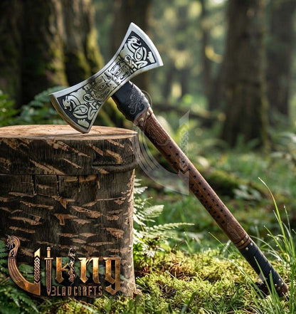 The Helm of Awe 30" Forged Viking Axe & Carved Wooden – Norse Warrior Axe