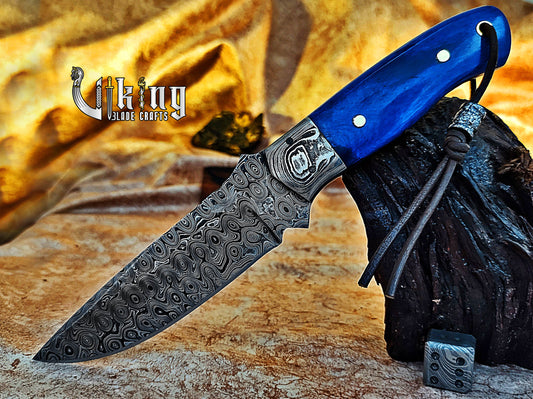 Handmade Damascus Hunting Knife With Stained Bone Handle & Bolster