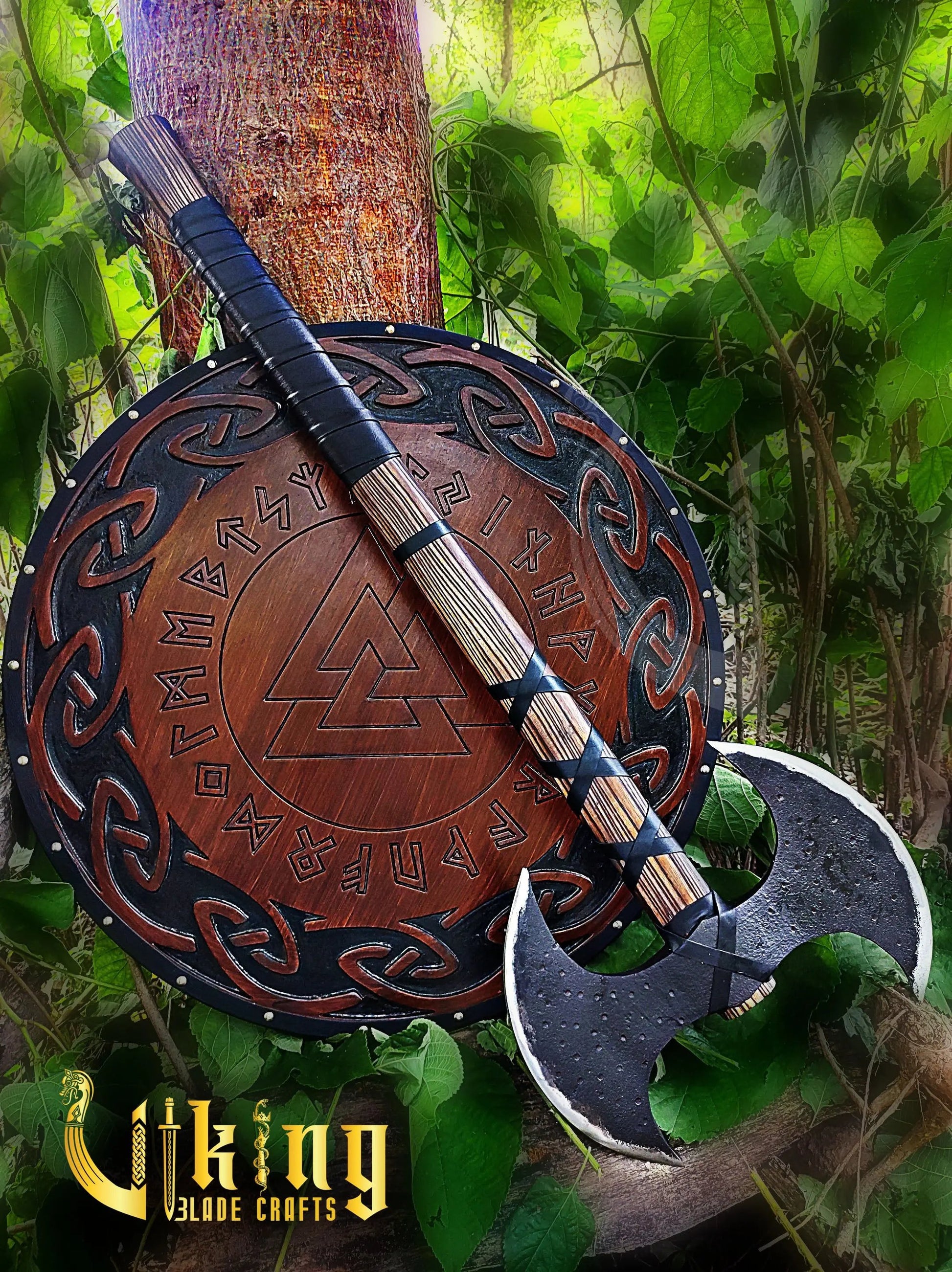 Viking Warrior Set: 33" Double-Headed Axe & Rune-Engraved Valknut Shield Viking_Blade_Crafts