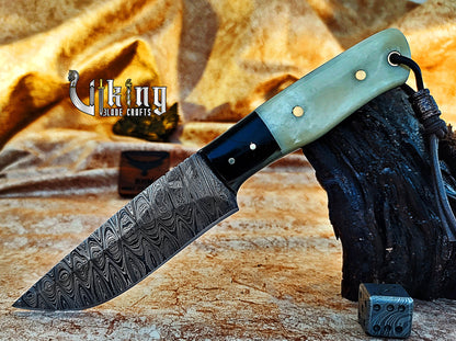 Damascus Steel Hunting Knife With Stained Bone & Buffalo Horn Handle