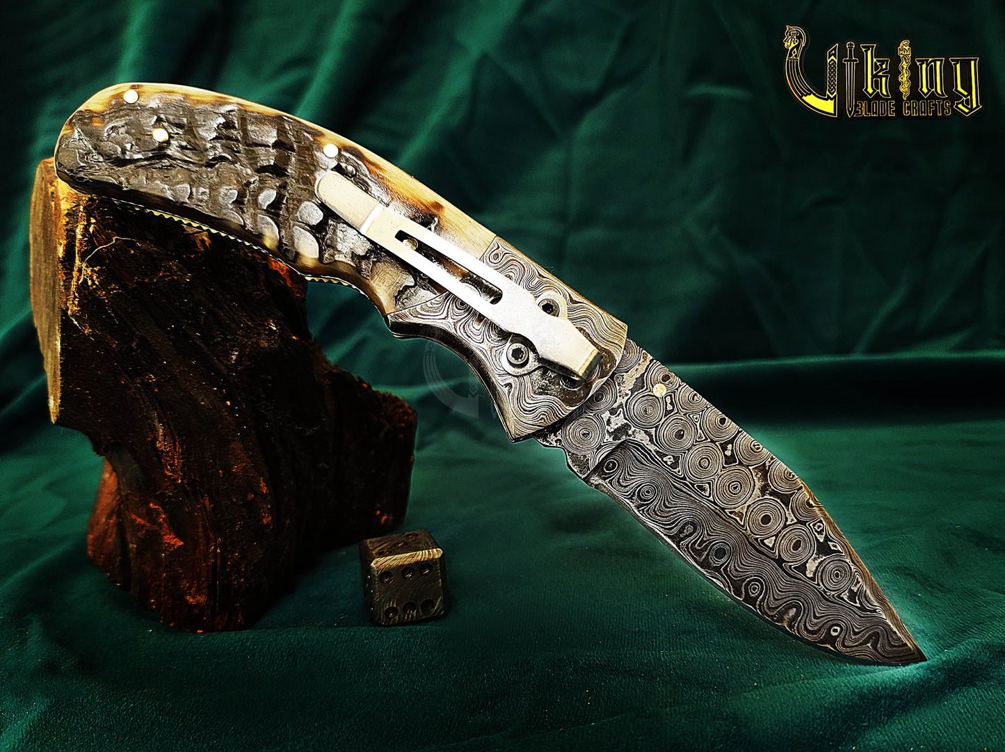 Custom Hand-Forged Handmade Damascus Folding Knife | Raindrop Pattern | Ram Horn Handle