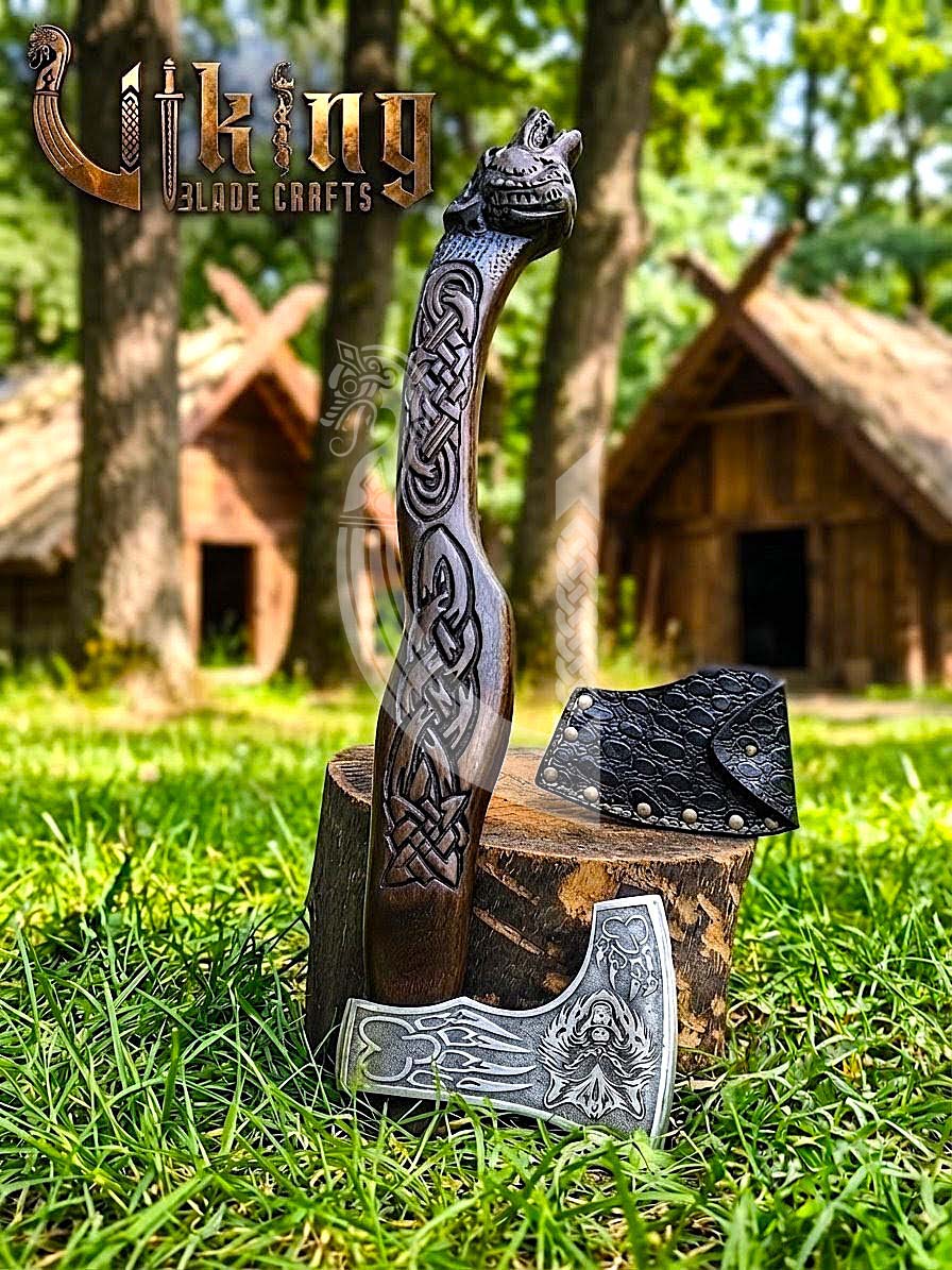 Viking Battle Axe | Hand Carved Wolf Handle | Forged Steel
