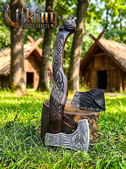 Viking Battle Axe | Hand Carved Wolf Handle | Forged Steel