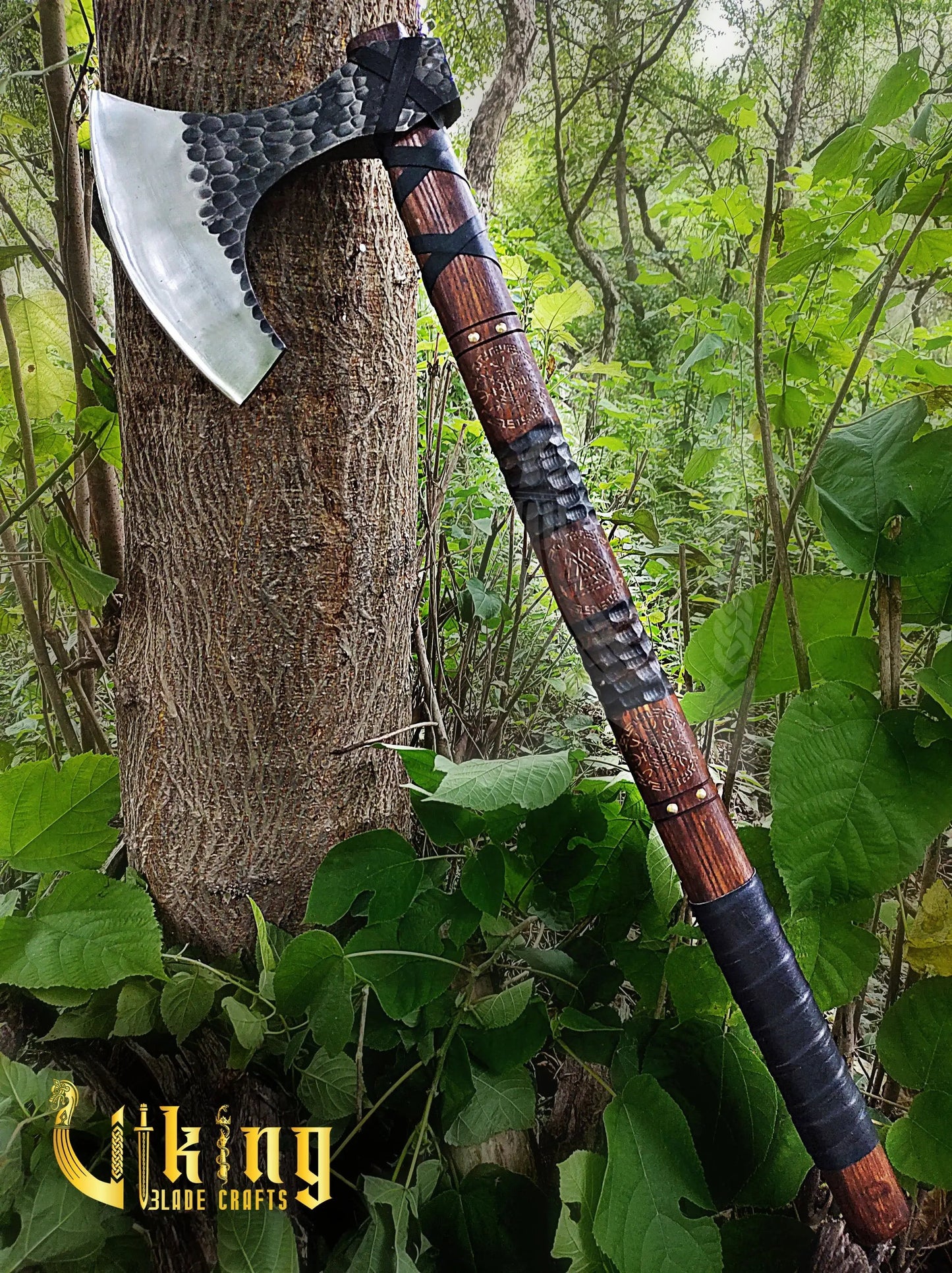 Hand-Forged 36" Viking Battle Axe & Carved Raven Shield Set Viking_Blade_Crafts