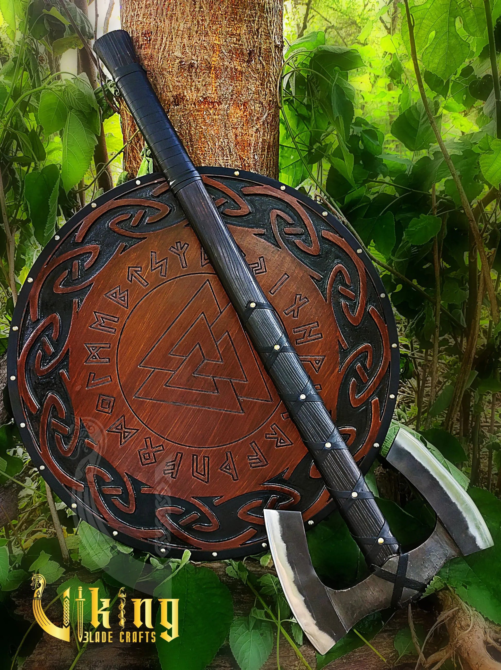 Forged Double Head 36" Viking Axe with Valknut  & Viking Runes Carved Shield Viking_Blade_Crafts