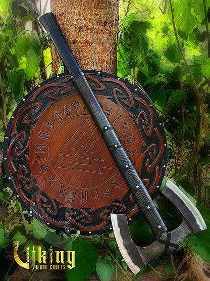 Forged Double Head 36" Viking Axe with Valknut  & Viking Runes Carved Shield Viking_Blade_Crafts