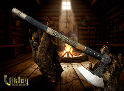 Handmade Vegvisir 36" Viking Axe & Rune-Engraved Valknut – Norse Warrior Axe