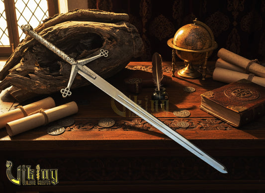 Handmade Damascus Steel Scottish Claymore Sword with Leather Sheath