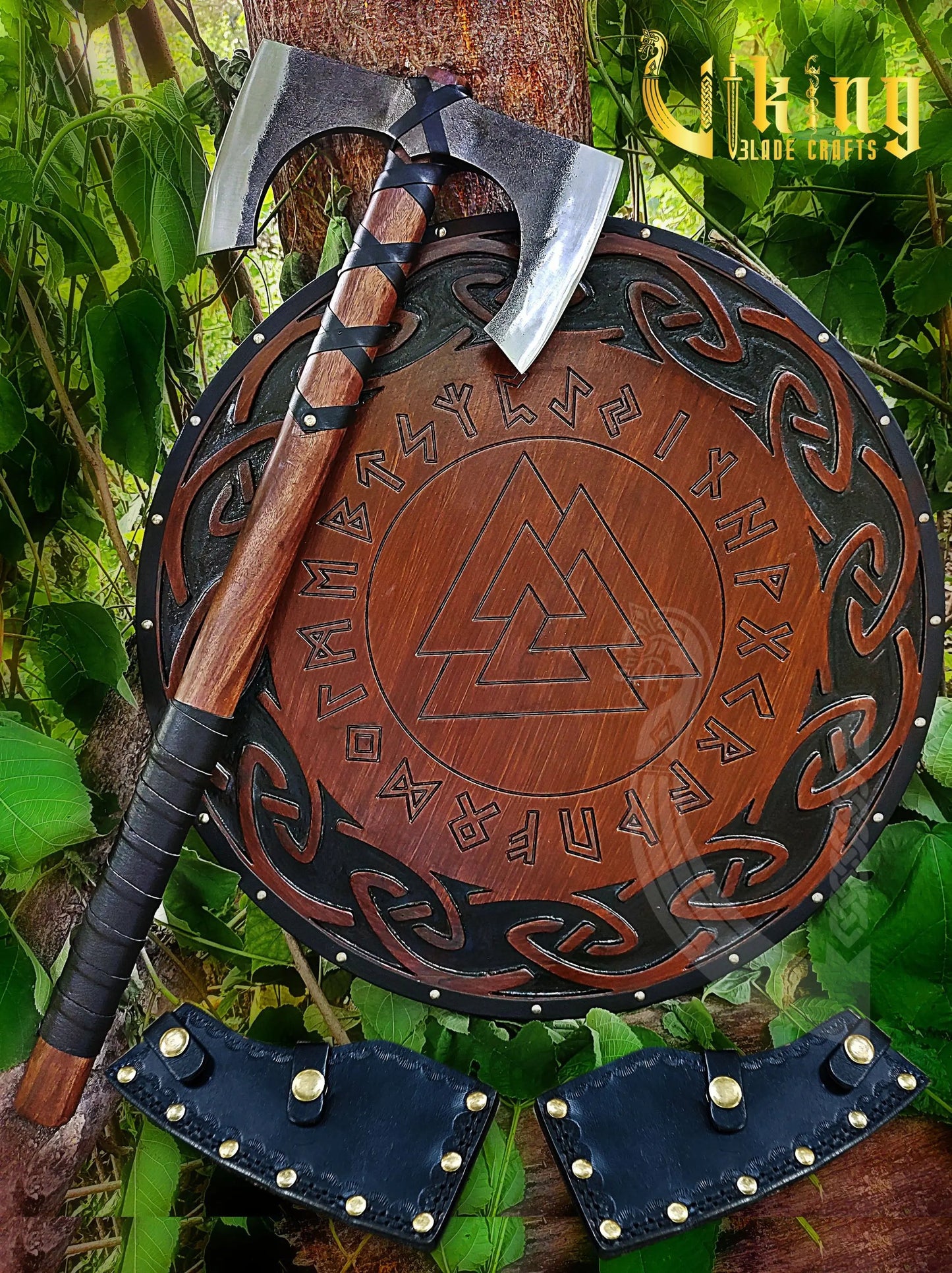 Forged 30" Double Edge Viking Axe with Valknut & Viking Runes Shield Viking_Blade_Crafts