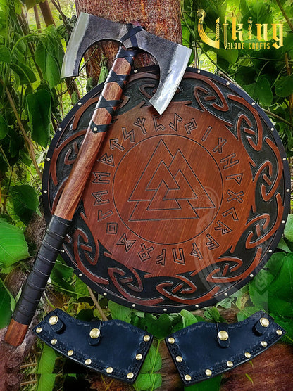 Forged 30" Double Edge Viking Axe with Valknut & Viking Runes Shield Viking_Blade_Crafts