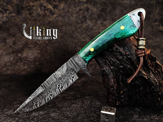 Forged Damascus Steel Hunting Knife with Stained Bone Handle