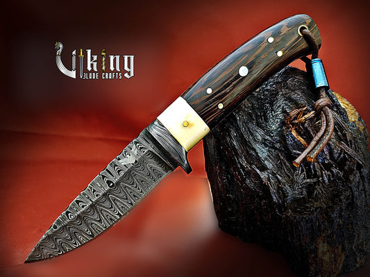 Damascus Steel Fixed Hunting Knife With Wenge Wood & Bone Handle