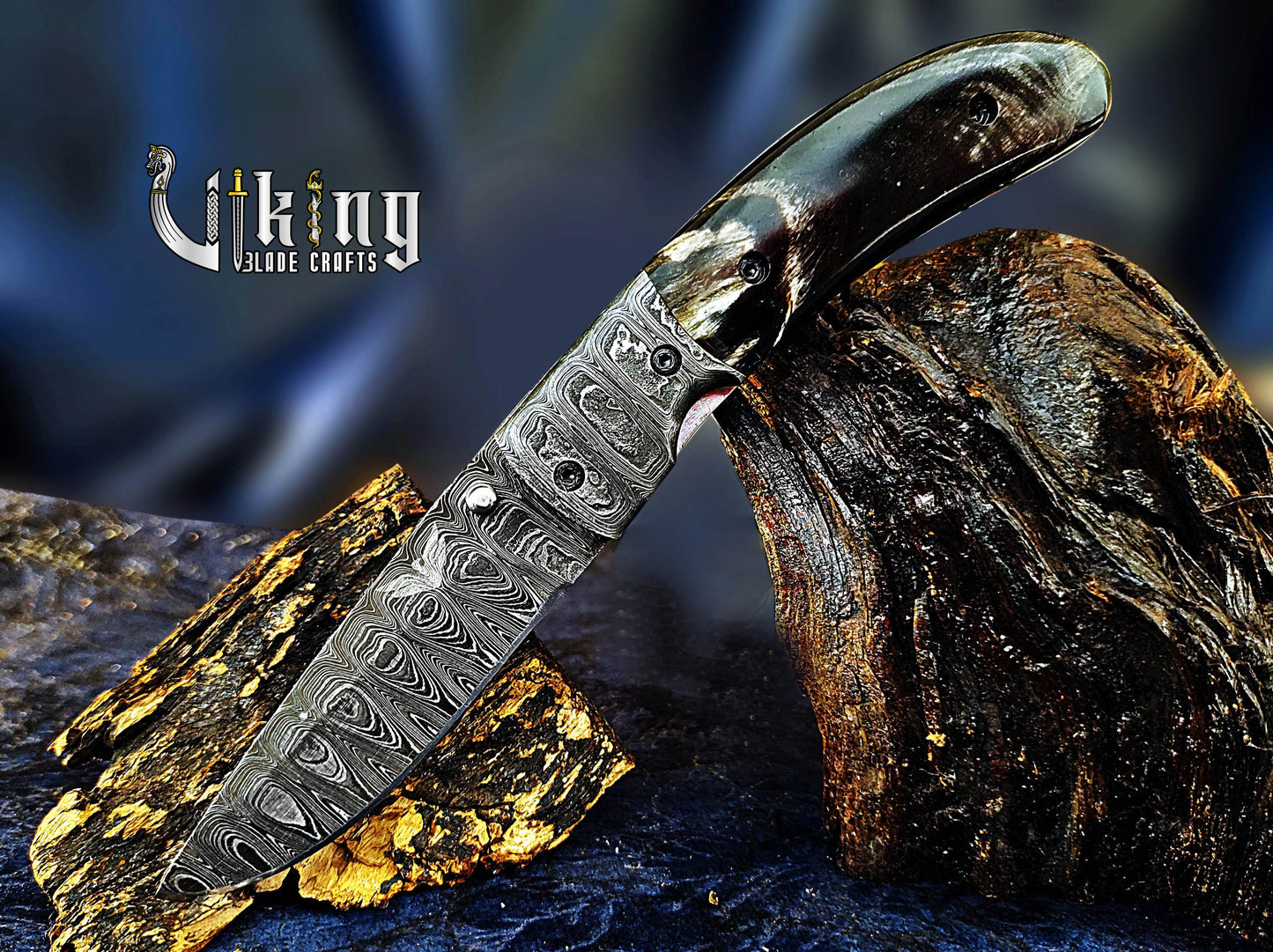 Damascus Folding Knife with Buffalo Horn Handle & Damascus Steel Clip