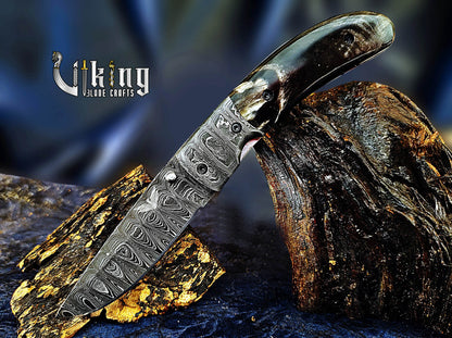 Damascus Folding Knife with Buffalo Horn Handle & Damascus Steel Clip