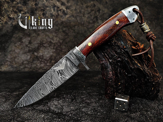 Damascus Fixed Blade Knife with Rosewood Handle & Damascus Guard & Bolster