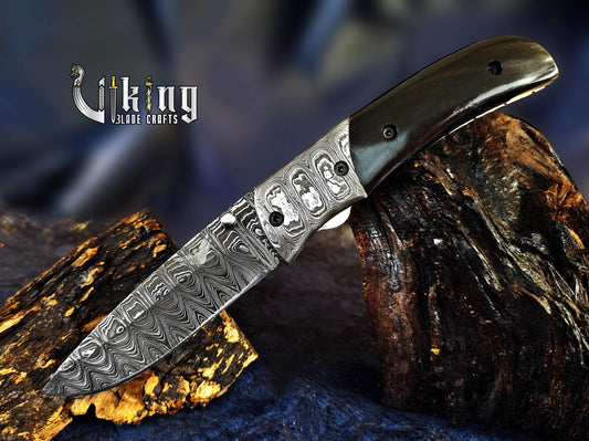 Hand-Forged Damascus Pocket Folding Knife w/ Buffalo Horn Handle & Clip