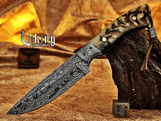 Forged Damascus Steel Hunting Knife With Bolster & Ram Horn Handle
