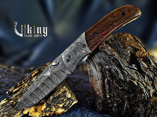 Handmade Damascus Steel Folding Knife with Rosewood Handle & Sheath