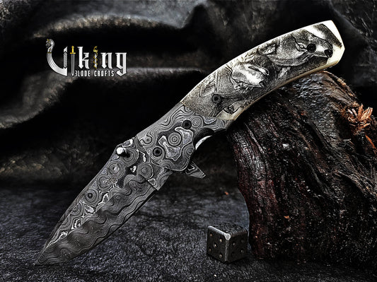 Hand-Forged Damascus Steel Rain Drop & Bone Handle Folding Knife