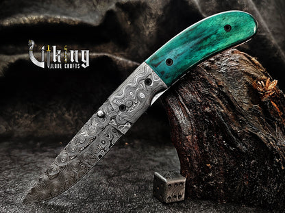 Handmade Damascus Folding Knife with Stained Bone Handle & Clip