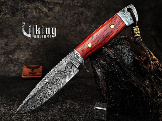 Damascus Steel Fixed Blade Bloodwood & Guard With Leather Sheath