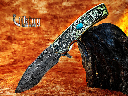 Damascus Steel Blade Folding Knife with Viking Floki-Inspired Carving Handle