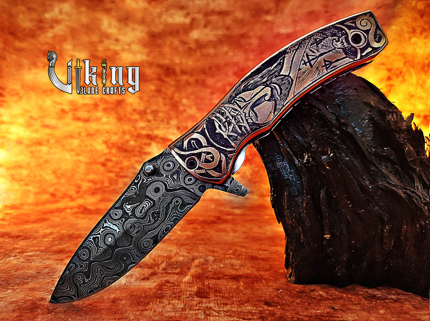 Handmade Damascus Folding Knife with Jesus Crucifixion Handle Carving