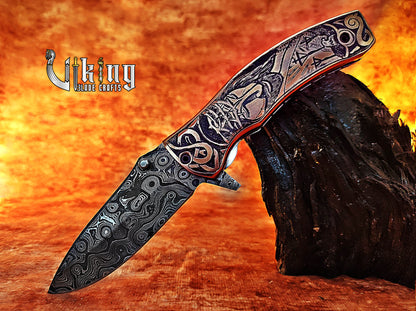 Handmade Damascus Folding Knife with Jesus Crucifixion Handle Carving