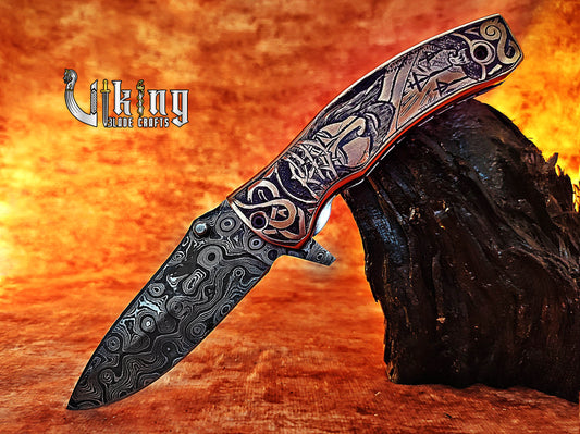Handmade Damascus Folding Knife with Jesus Crucifixion Handle Carving