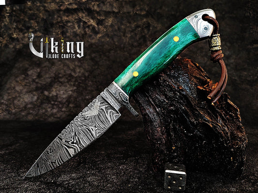 Handmade Damascus Steel Hunting Knife with Stained Bone Handle & Sheath