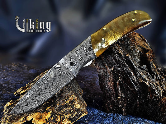 Forged Damascus Steel Folding Pocket Knife with Secure Leather Cover