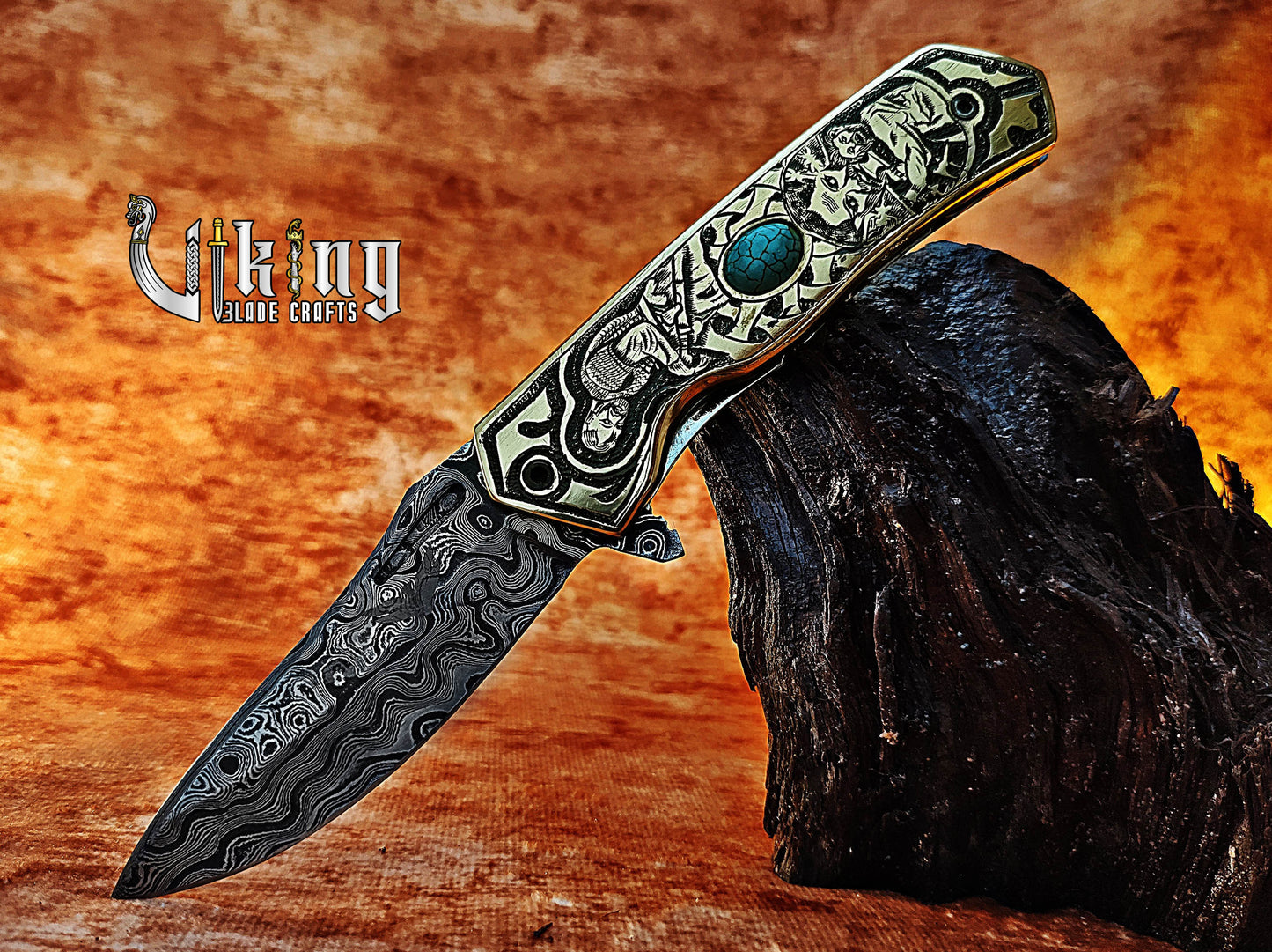 Forged Damascus Steel Blade Knife with Viking Floki Carved Handle.