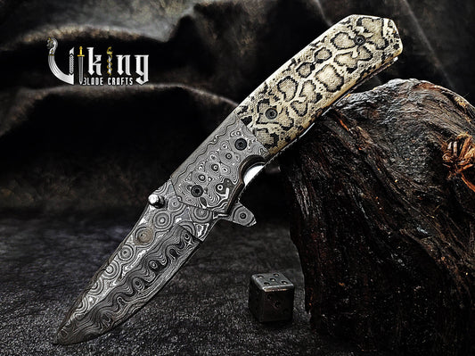 Damascus Steel Folding Pocket Knife With Damascus Clip and Bone Handle