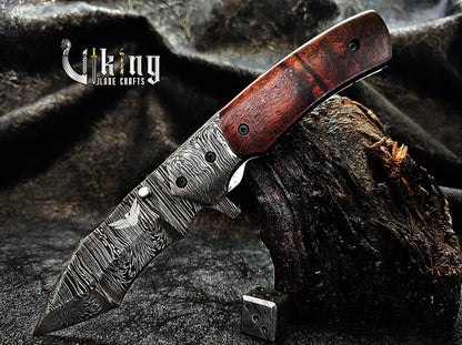 Damascus Steel Folding Pocket Knife With Sheath Rose Wood Handle