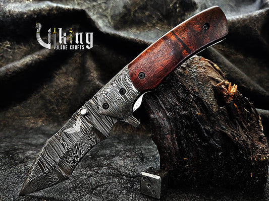 Damascus Steel Folding Pocket Knife With Sheath Rose Wood Handle