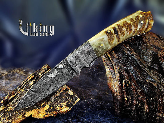 Handmade Damascus Steel Premium Folding Knife with Ram Horn Handle