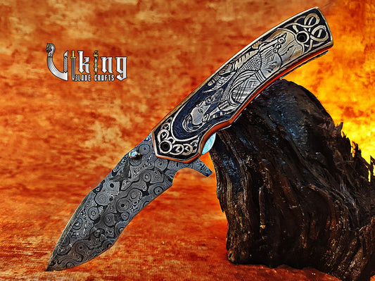 Forged Damascus Steel Folding Pocket Knife With Ragnar Lothbrok Carved Handle