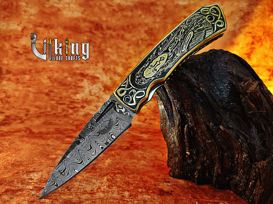 Hand-forged Damascus steel Pocket Folding knife with Queen Lagertha carving handle