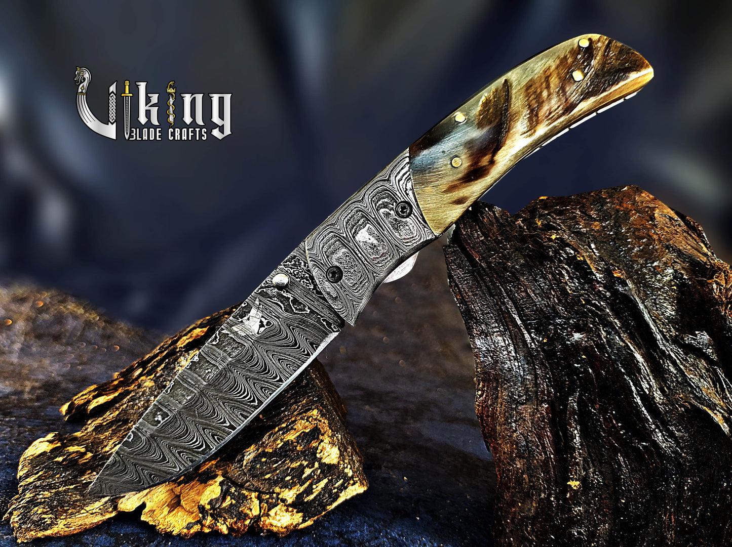 Forged Damascus Steel Folding Pocket Knife with Ram Horn Handle & Clip