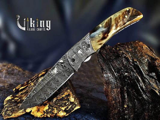 Forged Damascus Steel Folding Pocket Knife with Ram Horn Handle & Clip