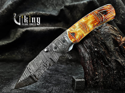 Forged Damascus Steel Folding Knife with Fire Camel Bone Handle