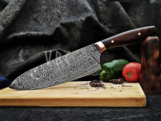 Handmade Damascus Chef Knife with Rosewood & Copper Bolster Handle