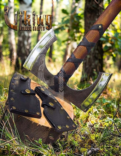30" Double Bit Viking Battle Axe - Hand Forged Carbon Steel & Leather