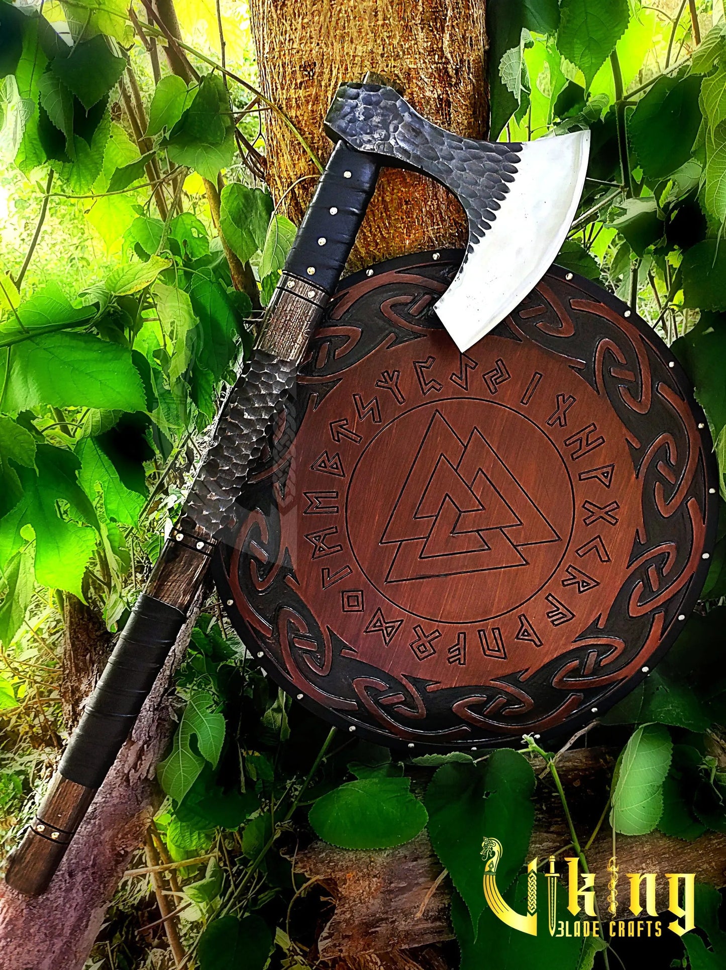 Handmade Vegvisir 36" Long Viking Axe & Rune-Engraved Valknut Shield – Norse Battle Set Viking Blade Crafts