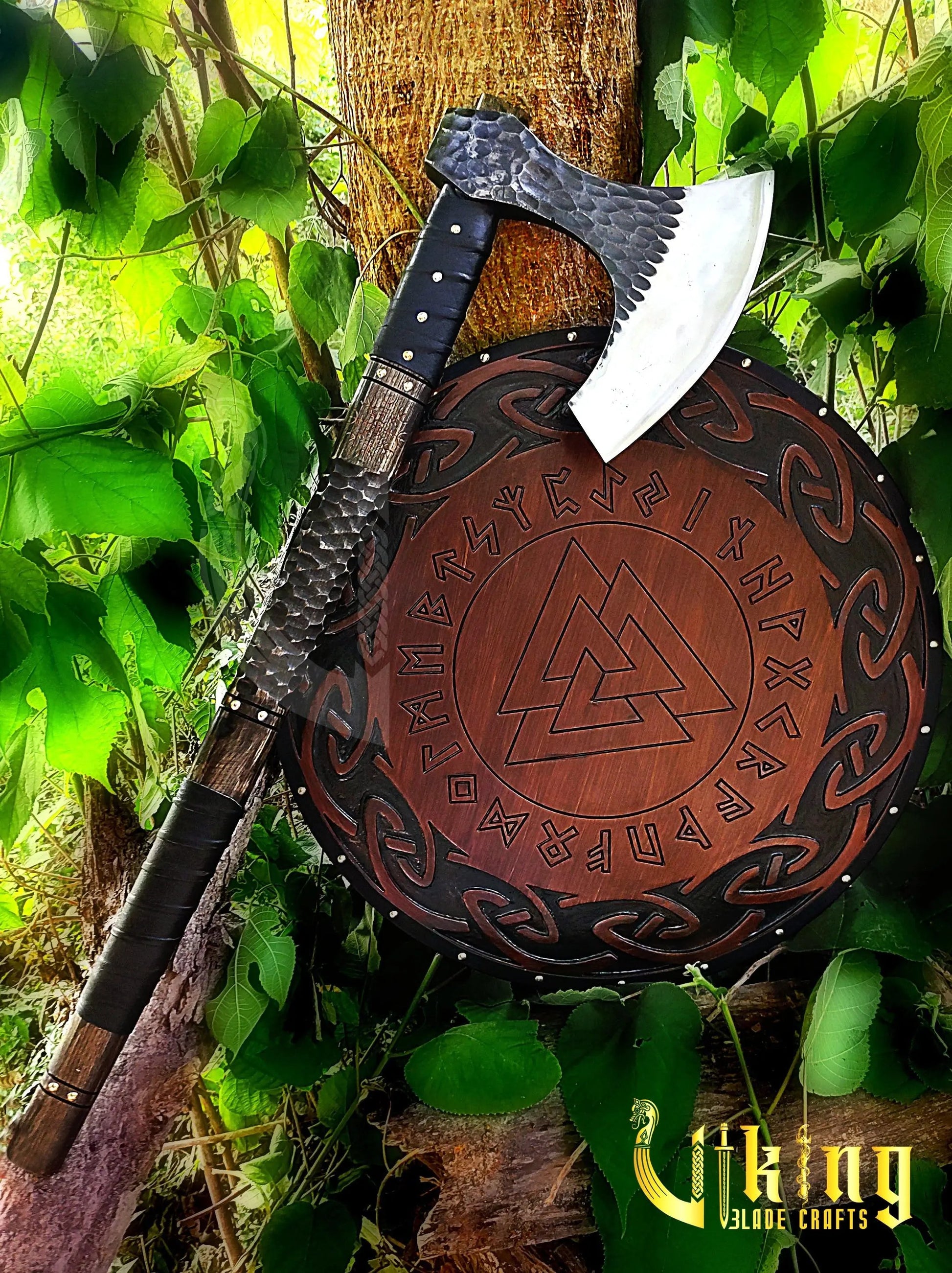 Handmade Vegvisir 36" Long Viking Axe & Rune-Engraved Valknut Shield – Norse Battle Set Viking Blade Crafts