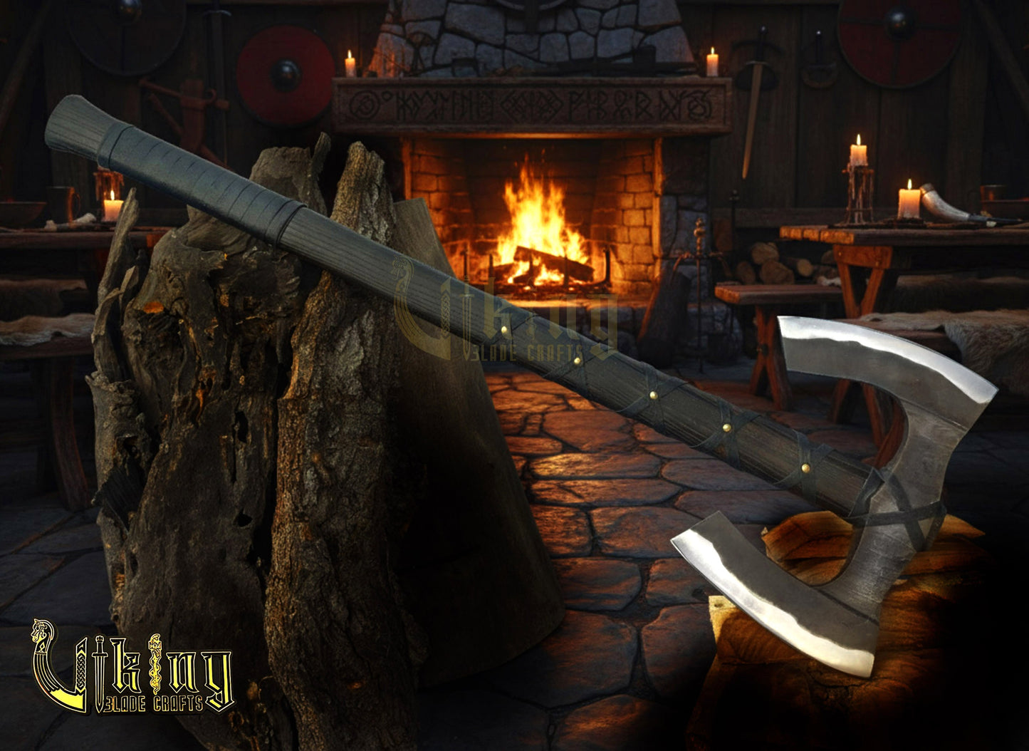 36" Double Bit Viking Axe - Hand Forged Carbon Steel & Leather Cover