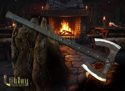 36" Double Bit Viking Axe - Hand Forged Carbon Steel & Leather Cover