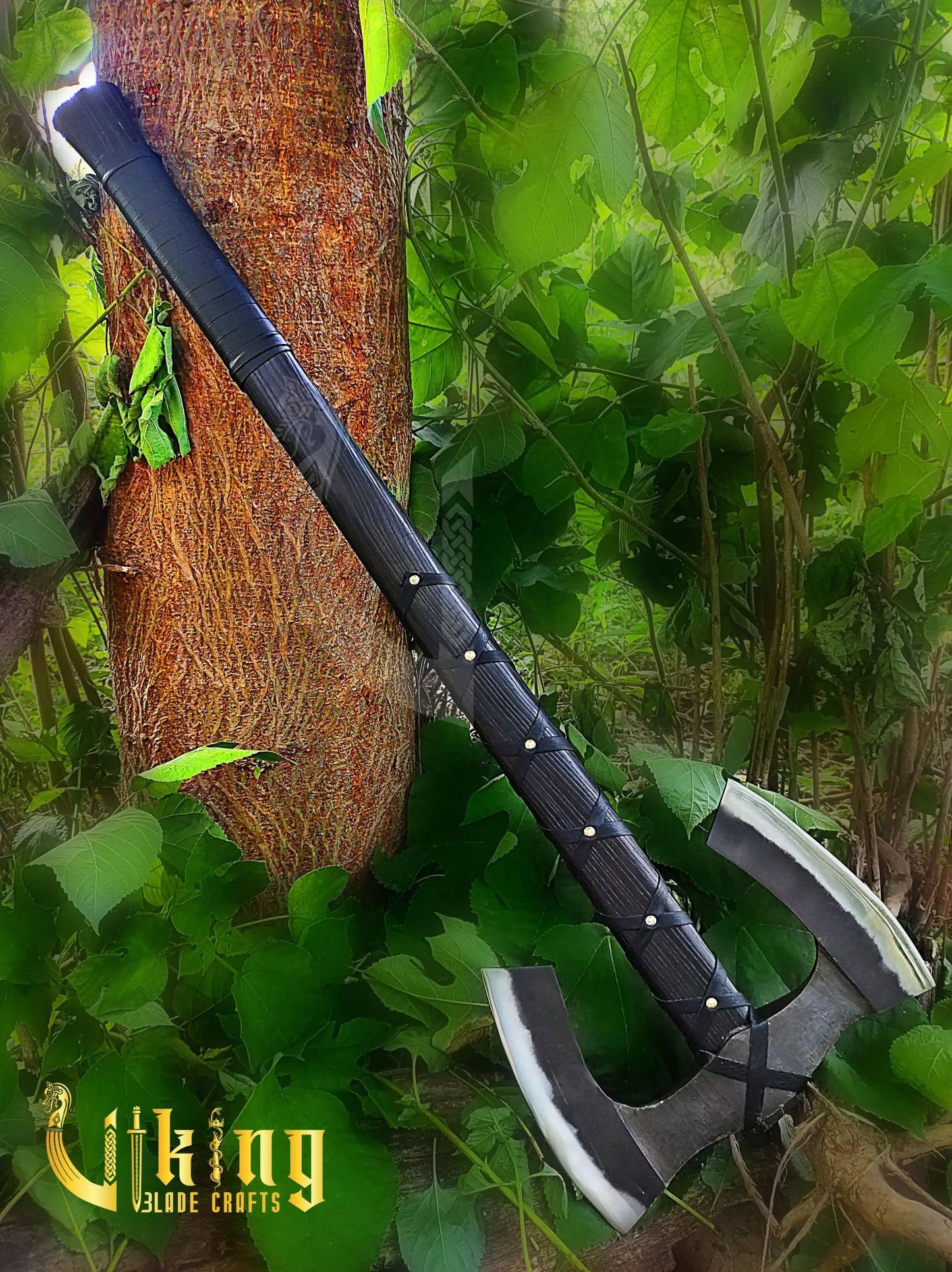 Forged Double Head 36" Viking Axe with Valknut  & Viking Runes Carved Shield Viking_Blade_Crafts