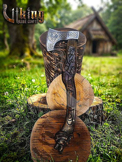 Hand Carved Viking Axe | Wolf Head Handle | Forged Steel