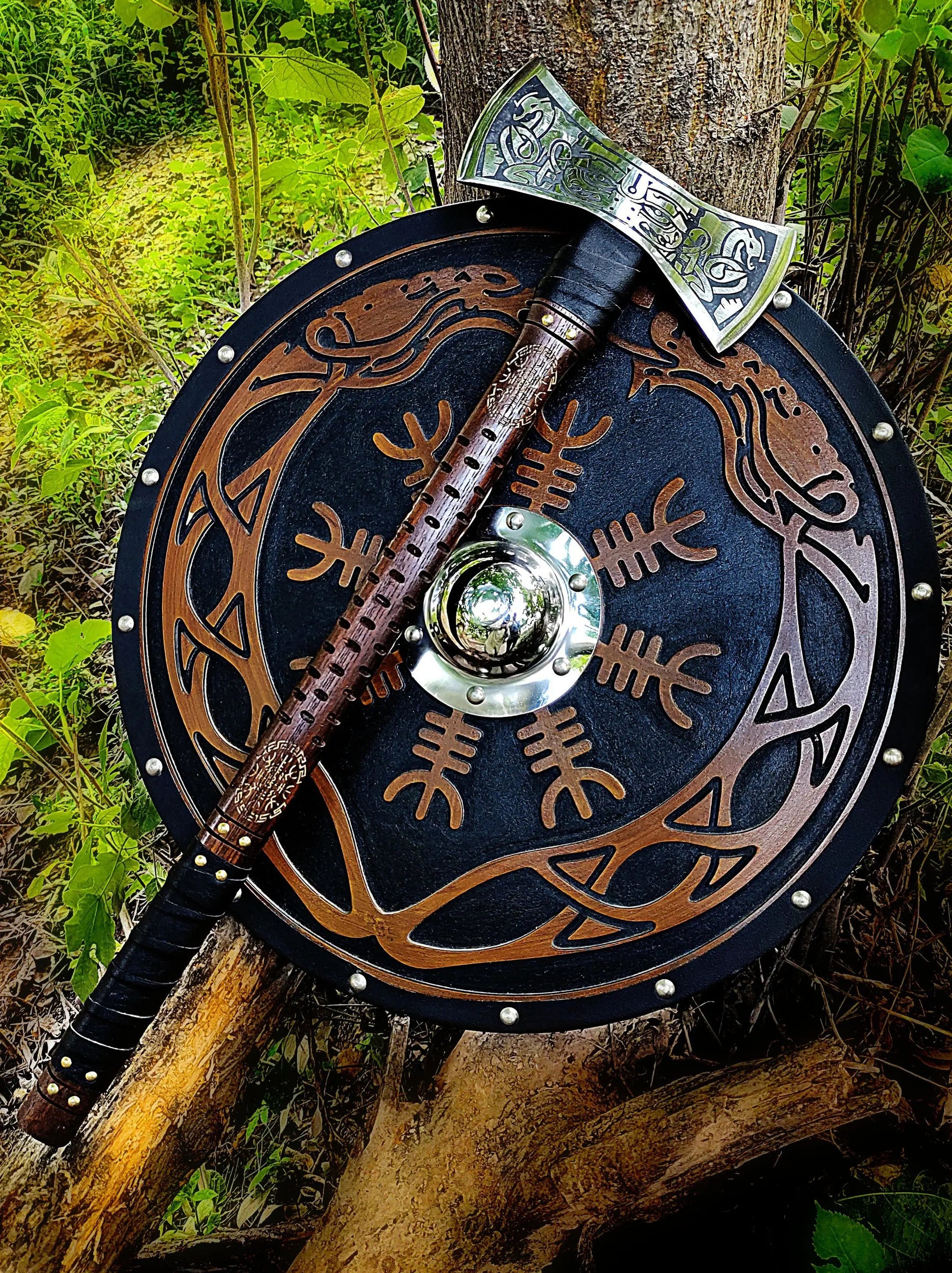 The Helm of Awe 30" Viking Axe & Carved Wooden Shield – Norse Warrior Set Viking_Blade_Crafts